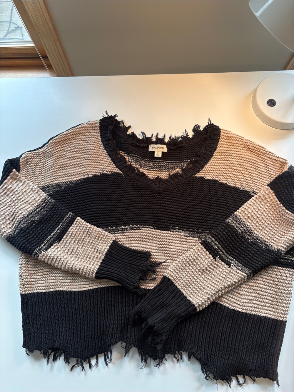 Rag Poets Black & Tan Distressed Stripe V-Neck Cotton Sweater